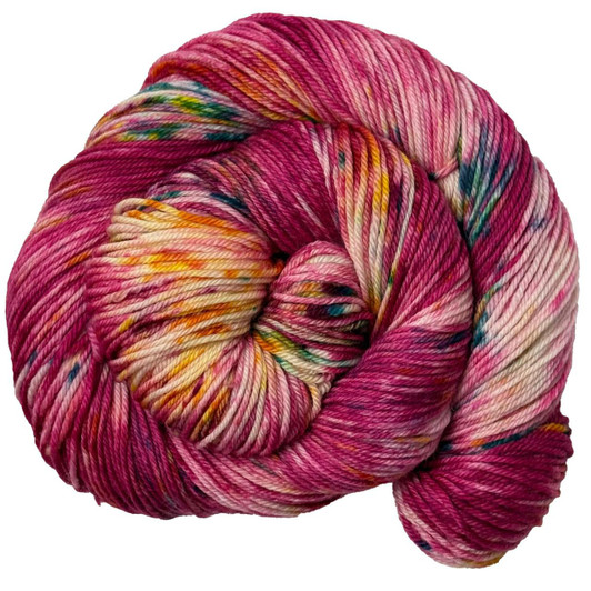 A magenta variegated with splashes of navy, gold, and sunny yellow