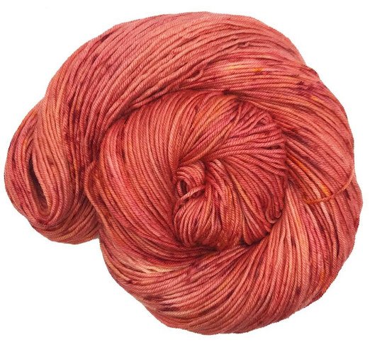 A pink-hued orange with splashes golden yellow and dark pinky-orange speckles, is available on your choice of yarn bases. Hand dyed by Wonderland Yarns, made in America.