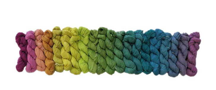 Shadow Rainbow is a color morph collection of 20 mini skeins featuring a soft transition of rainbow colors. Made in the USA.