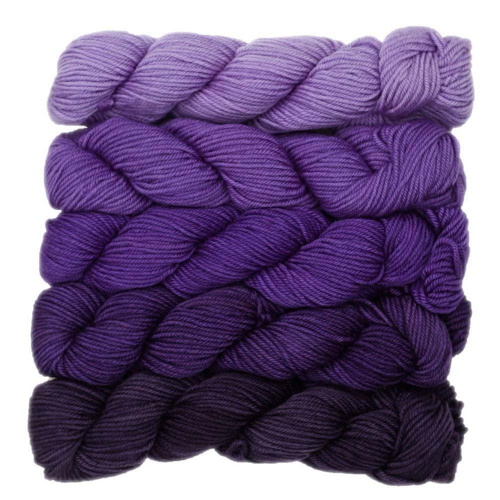 Phantomwise gradient is  a collection of five mini-skeins that make up a light to dark gradient of our tonal colorway 'Phantomwise' hand-dyed in Vermont by Wonderland Yarns.