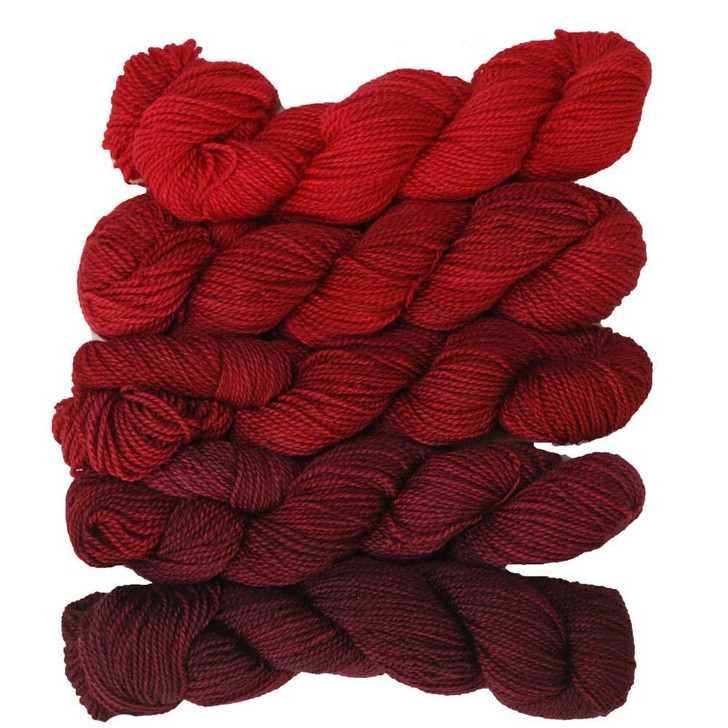 Off With Her Red gradient is a collection of five mini-skeins that make up a light to dark gradient of our tonal colorway 'Off with Her Red.' Hand-dyed in Vermont by Wonderland Yarns.