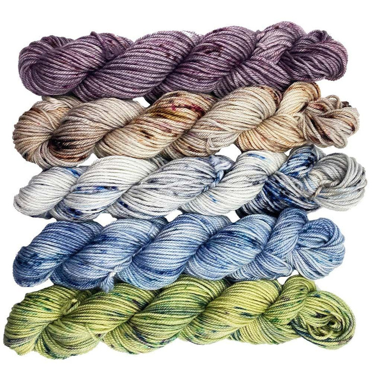 Tea Leave is a collection of five Tea Time colorway mini-skeins: Darjeeling, Cranberry Scone, Earl Grey, Elderberry Tea, and Matcha. Hand-dyed by Wonderland Yarns in Vermont.