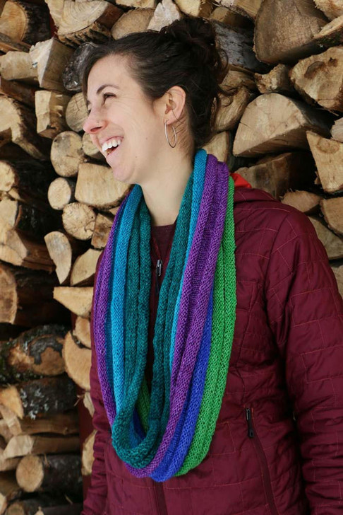Callooh Callay Cowl-These simple, double-wrap cowls are a quick, satisfying project. Use color to create a statement with this reversible wrapped cowl. Free pattern available for download.