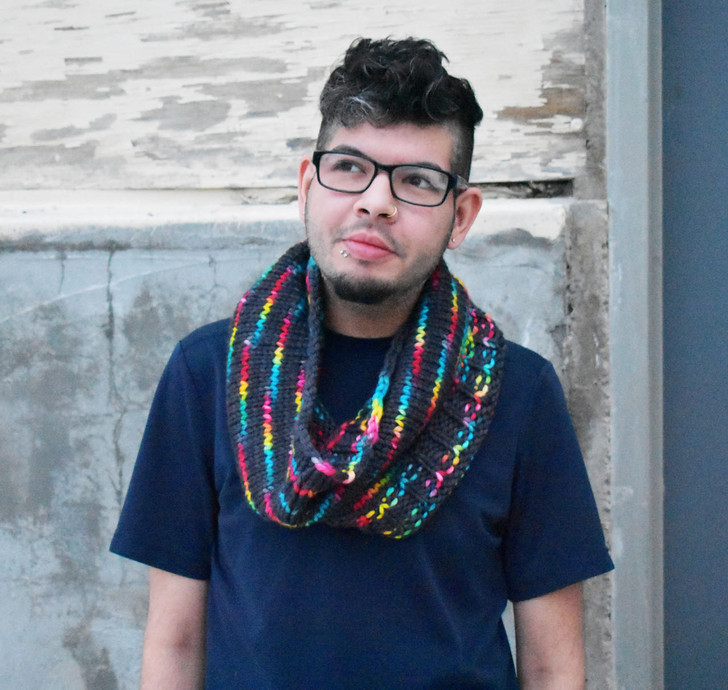 Colorburst "Cheater Stripe" knit cowl in "All Night Diner in the Middle of Nowhere" colorway.