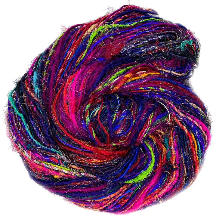 Handspun recycled silk yarn for knitting, weaving, and crochet.