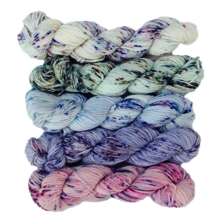 A collection of five mini skeins from our Breakfast Tea collection: Victorian China, Mint Chocolate, Blueberry Tart, Lavender Macaron, and Petit Four.  Hand-dyed in Vermont by Wonderland Yarns