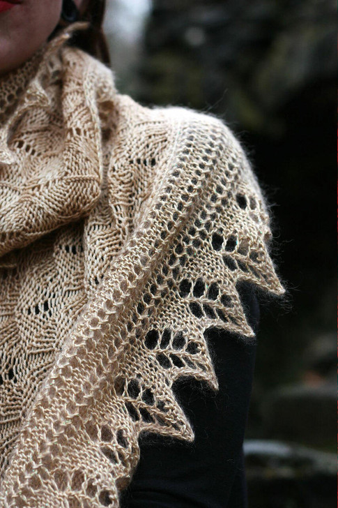 Wonderous Leaves- Seasonal change embodied in contrasting yarns coming beautifully together in this wrap: slinky sport merino and the shimmering halo of silk/mohair luxury. Misty morning sunshine on new leaves, seamlessly dressing up or down in any season.