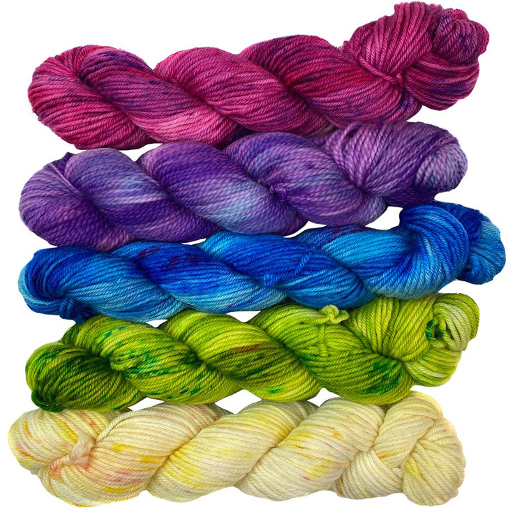 A hand-dyed set of five mini-skeins from the Wonderland Yarns Luminous collection. These colors were carefully picked to create the perfect coordinating set! This pairing features: Glowingly, Gisli, Sparkling, Lime-light and Sun-kissed.