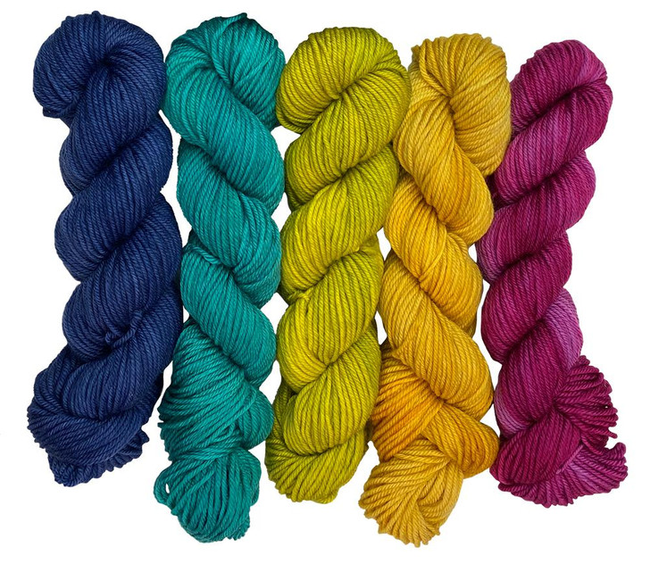Knicknackery is a collection of five mini-skeins from our Tonals collection: Peaceberry, The Crown, Preponderance, Curiouser and Stormwind. Hand-dyed by Wonderland Yarns in Vermont. Dyed to order. Available on multiple bases.