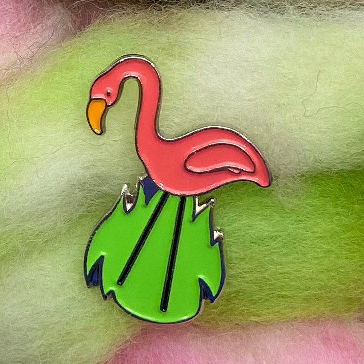 Wonderland Yarns Kitsch Club custom-designed Flamingo enamel pin.