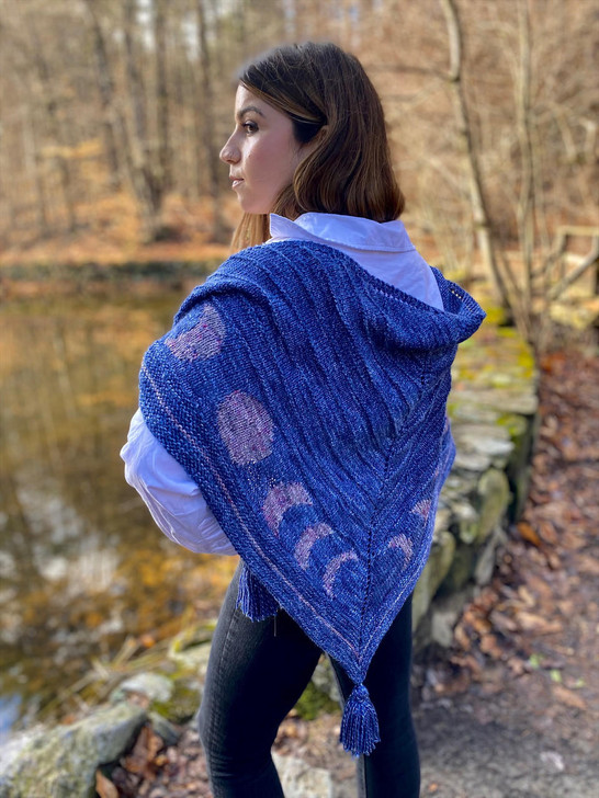 Share your love of the moon phases with this stunning Lunar Love Shawl. Simple color work pattern with chart. Yarn dyed by Wonderland Yarns in Vermont.