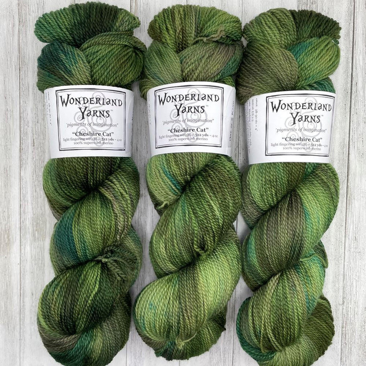 Wonderland Yarns Cheshire Cat, light fingering One-of-a-Kind Yarn. This colorway  features a light to dark olive greens, brown, and splashes of teal.