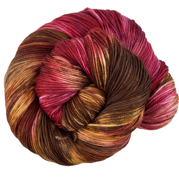 A rich, chocolate brown layered with a deep cherry red from our Magical Menagerie collection. This colorway is available on a variety of yarn bases. Hand-dyed in the USA.