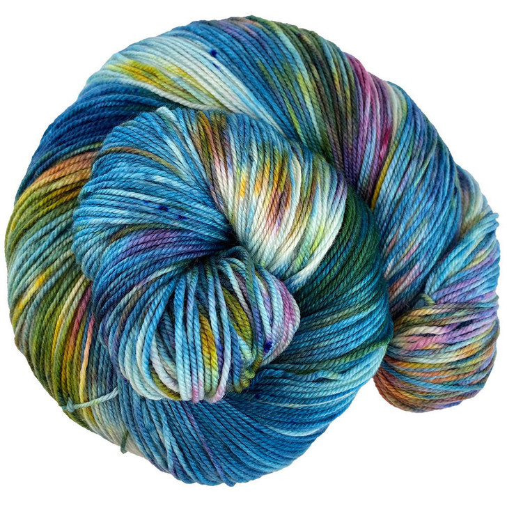 A tealy-blue variegated with multi-colored splashes of green and magenta. from our Magical Menagerie collection. This colorway is available on a variety of yarn bases. Hand-dyed in the USA.