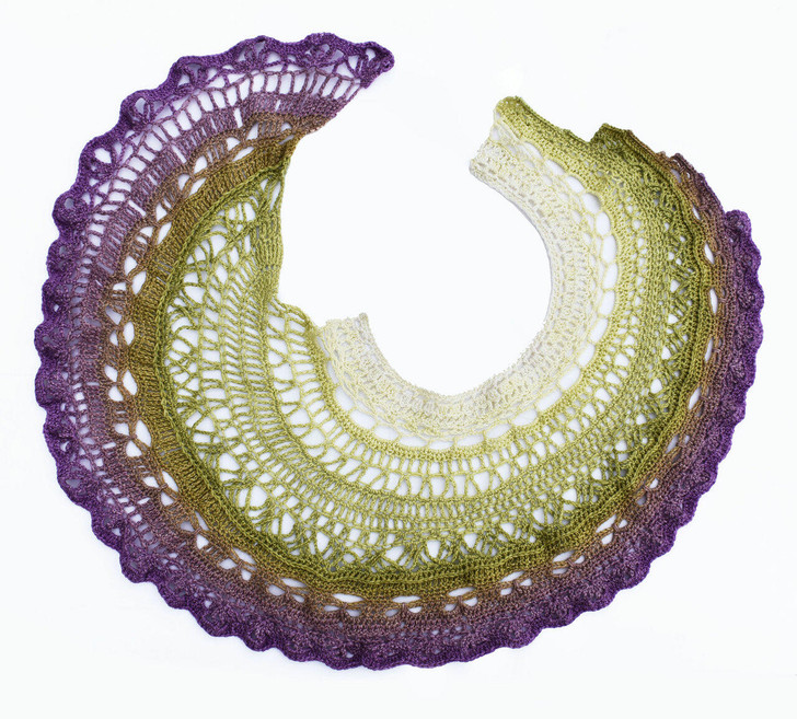 Nautilus Shawlette-Crochet this circular shawlette with one cake of color-morphing "Blossoms". The circular shape hugs your shoulders and the fanciful open-work stitches make this an all season accessory. Pattern available for purchase and download.