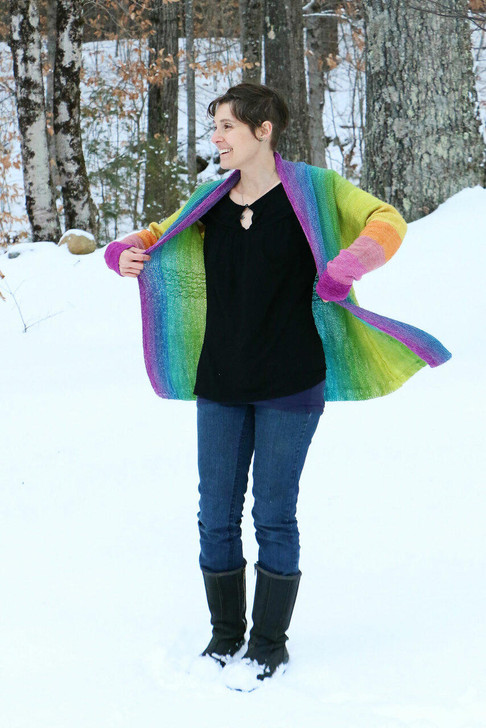 Rainbows in the Gorge is a lightweight cardigan, worked side-to-side from cuff-to-cuff, with flattering waist detailing and shawl collar. Pattern available for purchase and download.