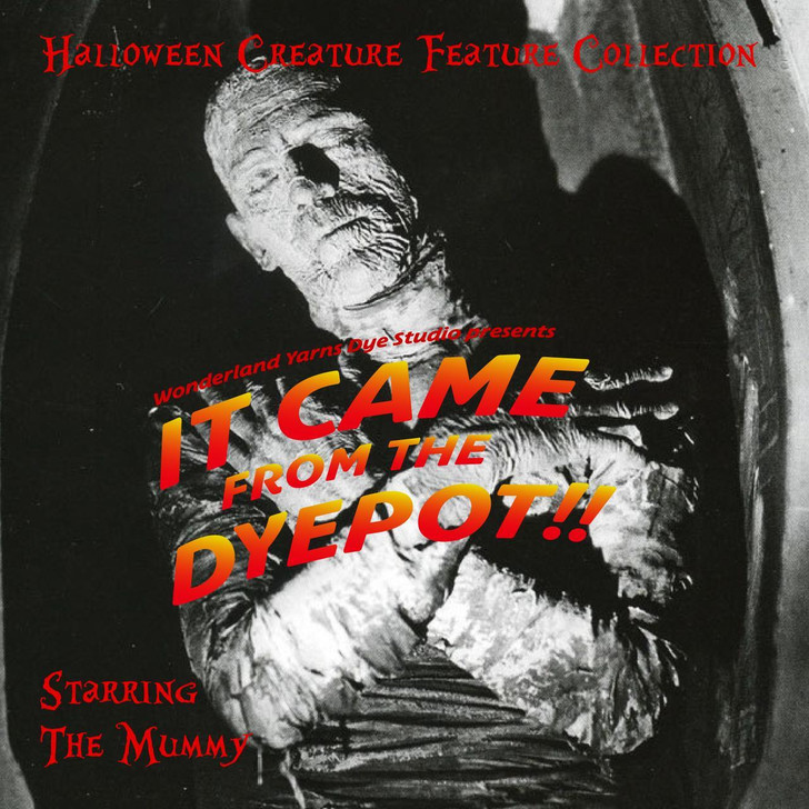 Step into the sands of a cinematic legend with this limited edition mini-skein pack by Wonderland Yarns inspired by the timeless terror of The Mummy. This special collection includes 10 different colors inspired by the vintage film poster.