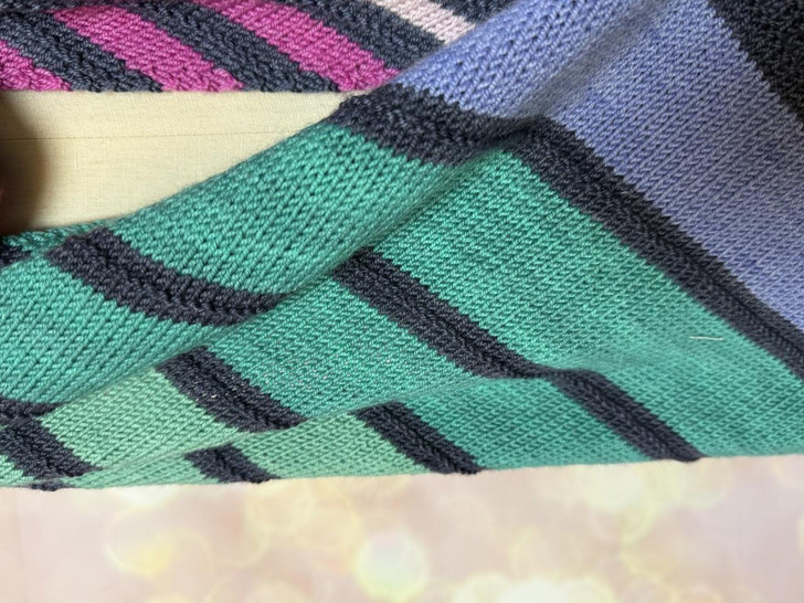 Colorful shawl pattern, knit on the bias.