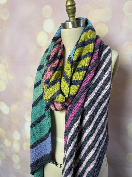 Colorful shawl pattern, knit on the bias.