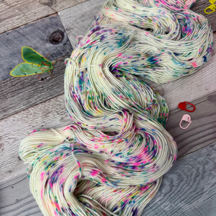 Meet our Panic from the Project Bag colorway 'Dropped Stitches' Shown here on our Mary Ann sock/fingering yarn base .