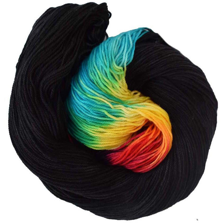 This bright magenta-red, yellow and turquoise rainbow burst off this deep black background in this dramatic colorburst.  Hand-dyed by Wonderland Yarns, is available on your choice of yarn base. Made in America.