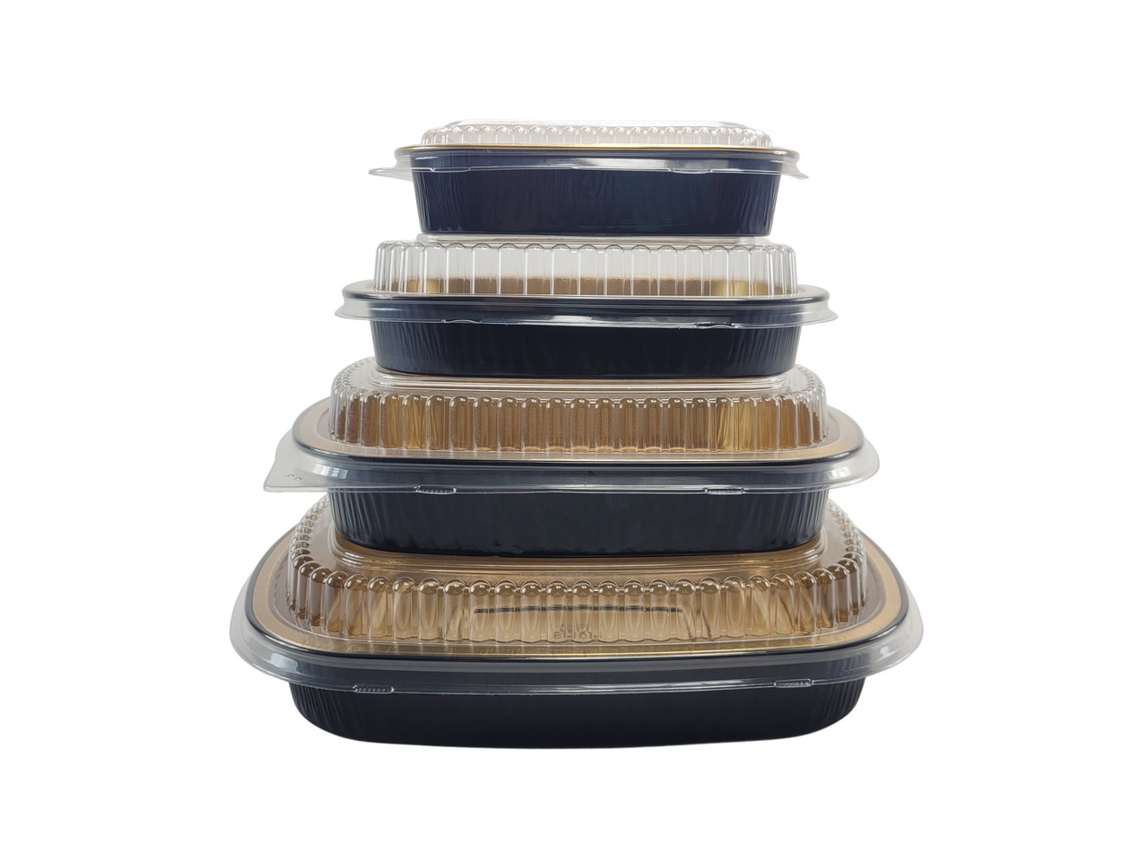 Karat 72 oz Black and Gold Aluminum Foil Take Out Pan with Clear Pet Dome Lid - 50 Set