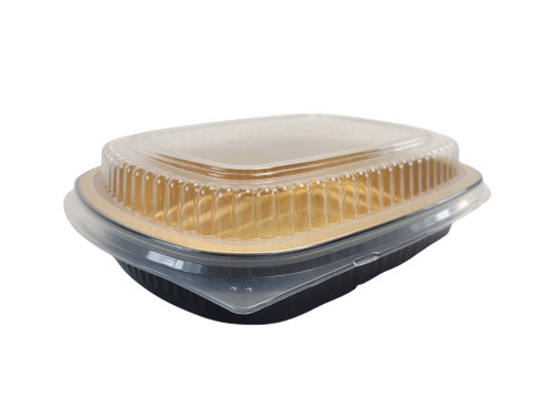Medium 47 oz. Black and Gold Foil Entrée or Take Out Pan with Dome Lid - Case of 50