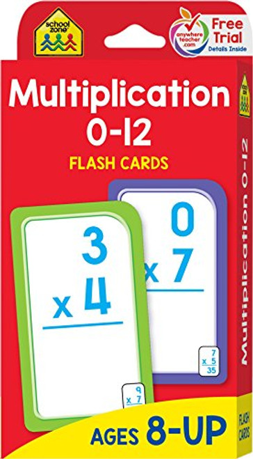 Multiplication 0-12 Flash Cards, Ages 8+, Grades 3-4, 55 problem cards, travel-friendly & self-storing, with easy-sort design