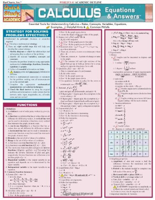 Calculus Equations & Answers (Quickstudy: Academic)