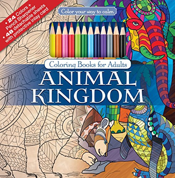 Animal Kingdom Adult Coloring Book Set With 24 Colored Pencils And Pencil Sharpener Included: Color Your Way To Calm