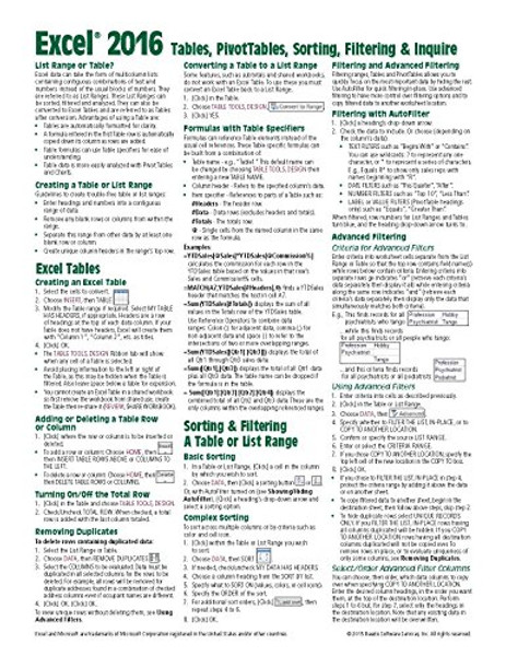 Microsoft Excel 2016 Tables, PivotTables, Sorting, Filtering & Inquire Quick Reference Guide - Windows Version (Cheat Sheet of Instructions, Tips & Shortcuts - Laminated Card)