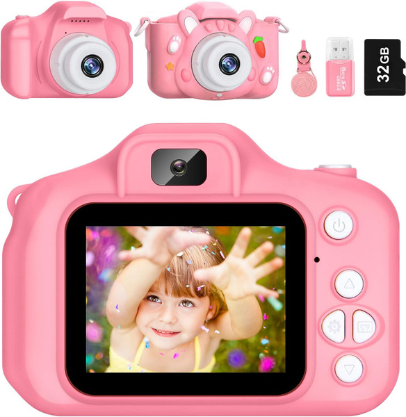 Kids Camera Video Recorder and Photo Taker Waterproof 1080P HD Screen with 32GB SD Card (Pink)