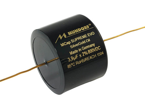 Mundorf Capacitor 3.9uF 800Vdc MCap® Supreme EVO SilverGoldOil Black SESGO Series Metalized Silver Gold Polypropylene Axial