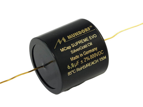 Mundorf Capacitor 6.8uF 800Vdc MCap® Supreme EVO SilverGoldOil Black SESGO Series Metalized Silver Gold Polypropylene Axial