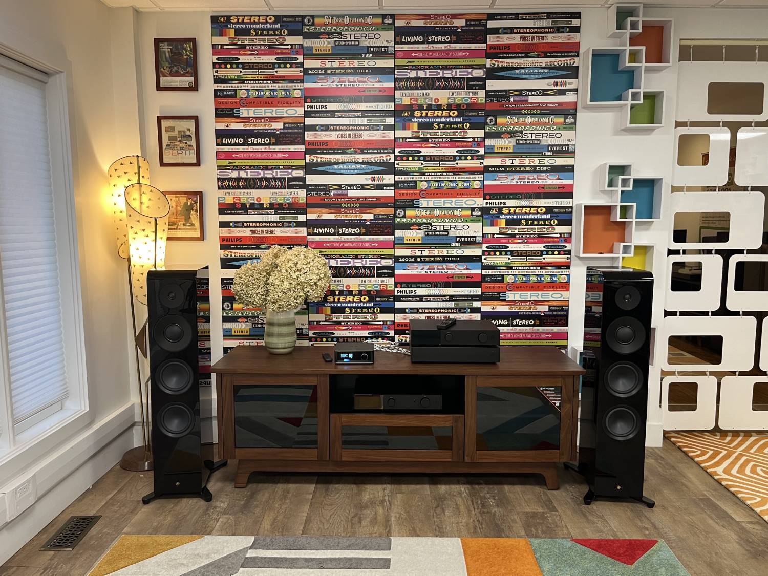 Media wall with record collection and stereo speakers