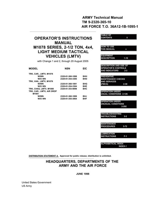 Army TM 9-2320-365-10 Operator's Instructions Manual M1078 Series