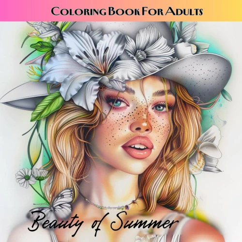 Beauty of Summer - Portraits Grayscale Coloring Book For Adults Relaxation