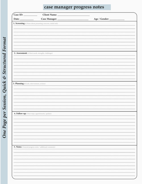 Case Manager Progress Notes: Notebook for for Social Workers