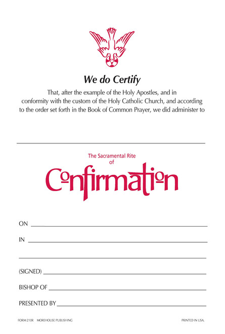 Confirmation Certificate #210R: Pack of 25