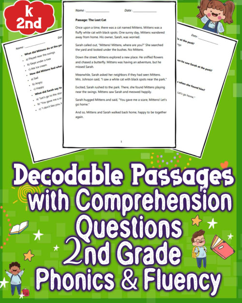 Decodable Passages Questions k - 2nd Grade with Comprehension Phonics &