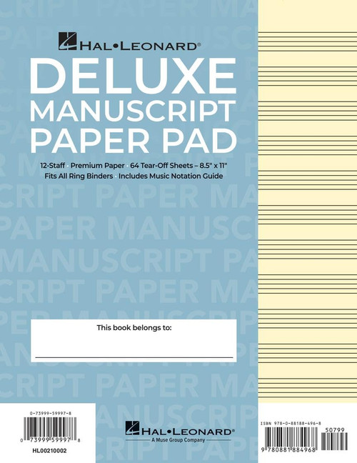 Deluxe Manuscript Paper Pad Blue Cover | 12 Staff Music Notation Paper