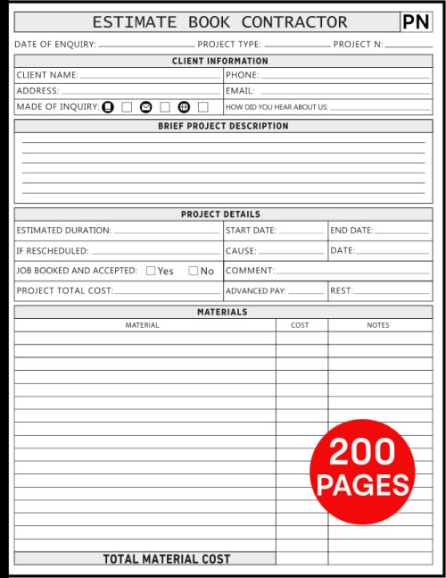 Estimate Book Contractor: Customizable Contractor Organizer Notebook For
