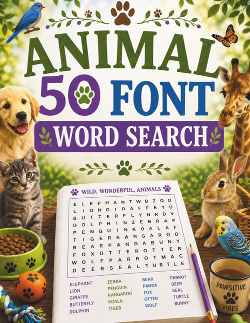 Extra Large Font (50 Font) Animal Word Search For Adults