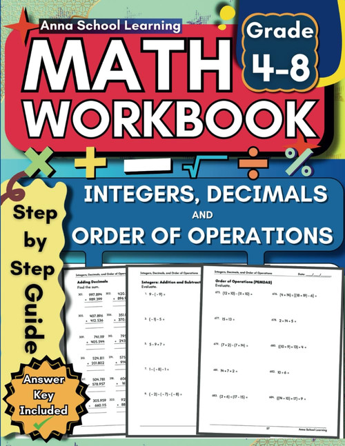 Math Workbook Grade 4-8 Integers, Decimals and Order of Operations