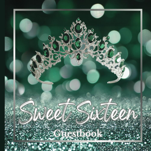 Sweet 16 Guest Book Green Emerald Tiara and Silver Sparkling Theme Design