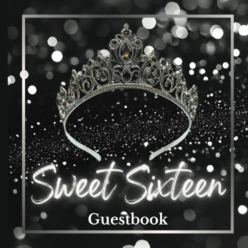 Sweet Sixteen Guestbook Black Tiara and Silver Sparkling Theme Design