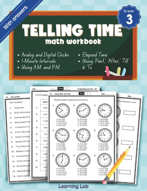 Telling Time Math Workbook Grade 3: Analog and Digital Clocks