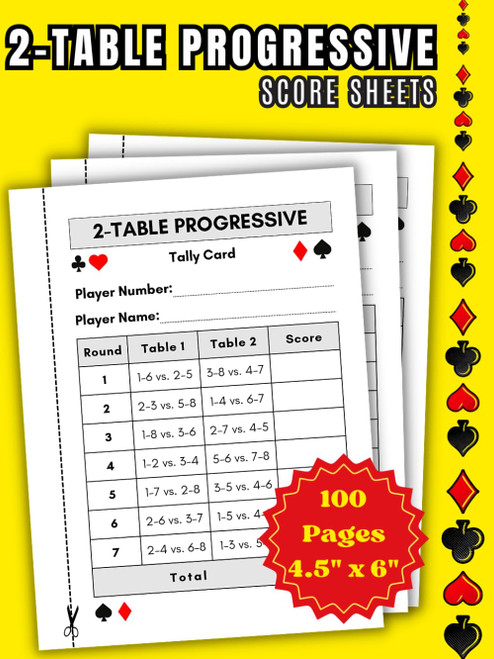 Two Table Progressive Bridge Tally Cards | Small Size 4.5" x 6" |