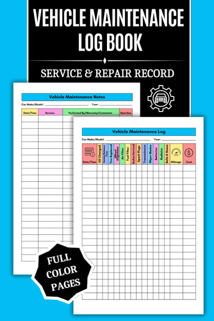 Vehicle Maintenance Log Book: COLOR Service and Repair Record for Cars