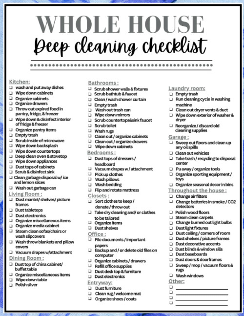 Whole House Deep cleaning Checklist